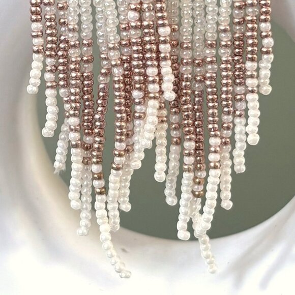 Hand Beaded Warm White Copper Gradient Chandelier Tassel Dangle Earrings New - Picture 4 of 5